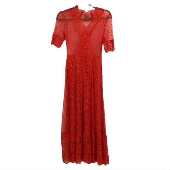 Maje Paris Revanti Red Lace v-neck short sleeve  maxi dress size 1 (small) - Picture 4 of 16